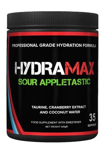 Strom HydraMax hydration formula jar featuring Sour Appletastic flavor with nutrition information and serving details.