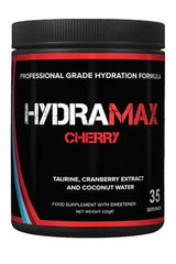 Strom HydraMax Cherry hydration supplement canister with 35 servings for athletes, featuring taurine and cranberry extract.