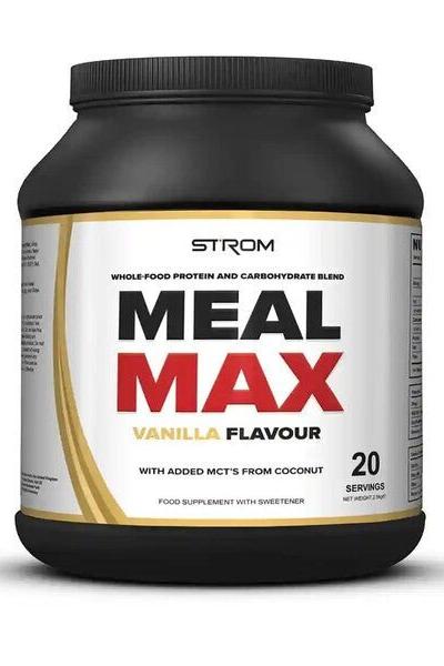 Strom MealMax meal replacement protein powder, vanilla flavor, 20 servings, whole-food blend.