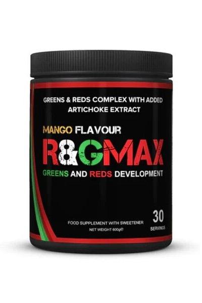 Strom Sports R&G MAX Mango flavour, greens and reds supplement in a container, 30 servings, rich in nutrients.