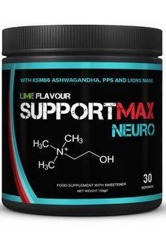 SupportMax Neuro health supplement jar with natural ingredients for cognitive support and recovery after exercise.