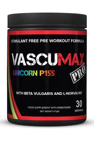 Strom Sports VascuMax Pro stimulant-free pre-workout supplement in Unicorn P155 flavor, 30 servings.