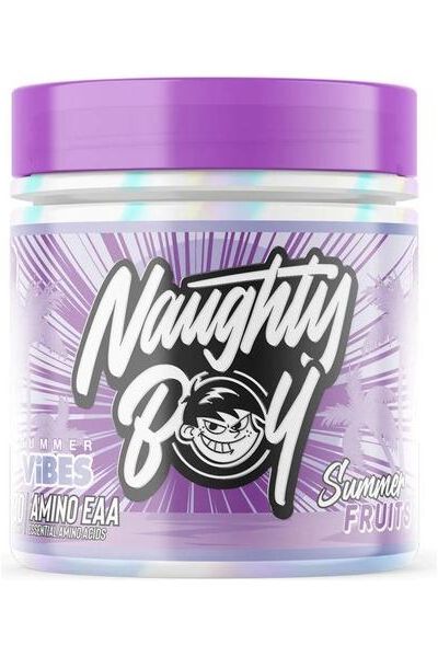 Summer Vibes Amino EAA by Naughty Boy in a purple container, flavored with summer fruits, promoting muscle recovery.