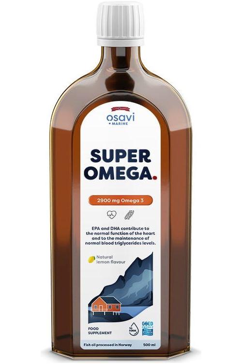 Osavi Super Omega fish oil supplement, 2900 mg Omega 3, natural lemon flavor, 500 ml bottle.