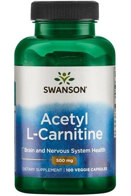 Swanson Acetyl L-Carnitine dietary supplement bottle, promotes brain function and energy, 100 veggie capsules, 500 mg.