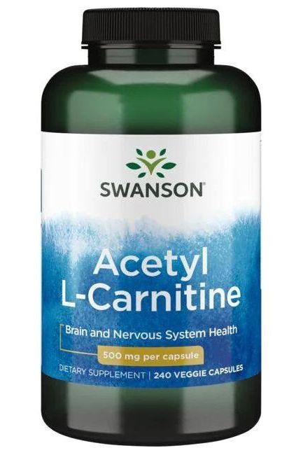 Swanson Acetyl L-Carnitine supplement bottle, promoting brain and nervous system health with 500 mg per capsule.