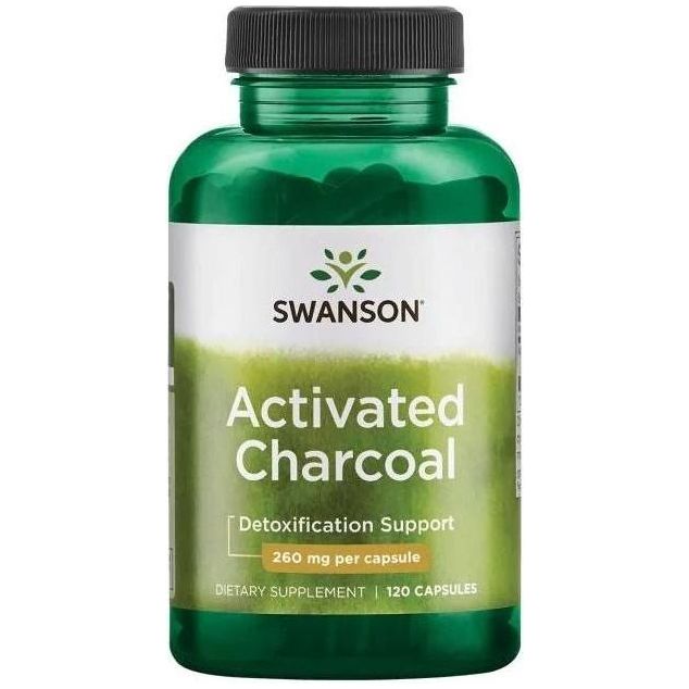 Swanson Activated Charcoal bottle, 260mg per capsule, 120 dietary supplement capsules for detoxification support.