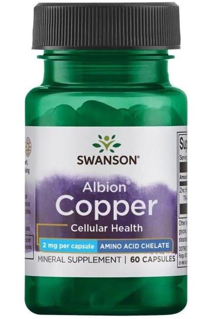 Swanson Albion Chelated Copper supplement bottle, 2mg per capsule, 60 capsules for cellular health.