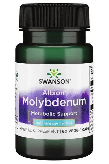 Swanson Albion Chelated Molybdenum 400mcg supplement bottle with 60 veggie caps for metabolic support.