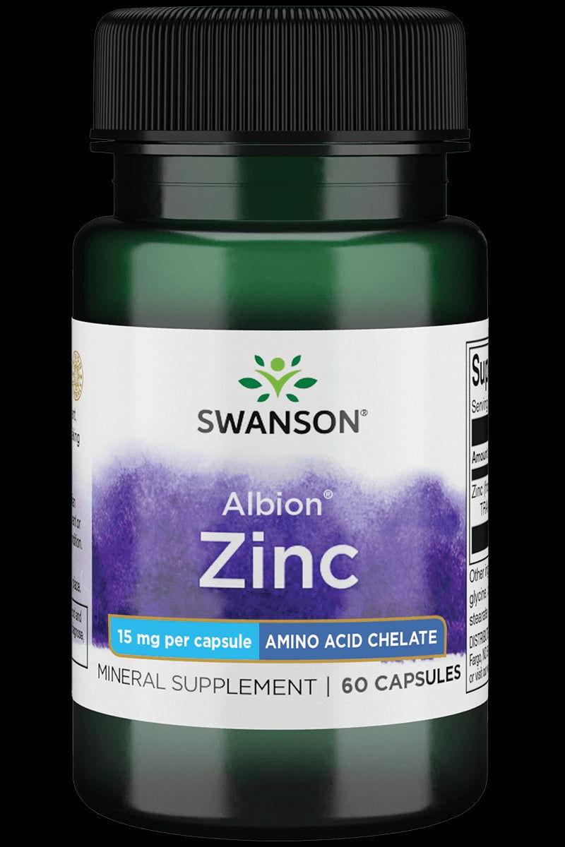 Swanson Albion Chelated Zinc supplement bottle, 15 mg per capsule, 60 capsules for immune support and skin health.