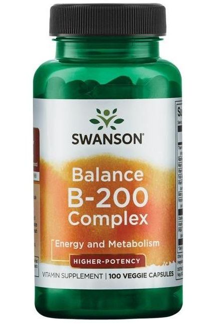 Swanson Balance B-200 Complex bottle, high potency B-vitamin supplement in green container, 100 veggie capsules.