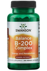 Swanson Balance B-200 Complex bottle, high potency B-vitamin supplement in green container, 100 veggie capsules.