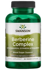 Swanson Berberine Complex with Cinnamon, Gymnema & Fenugreek supplement bottle for blood sugar support.