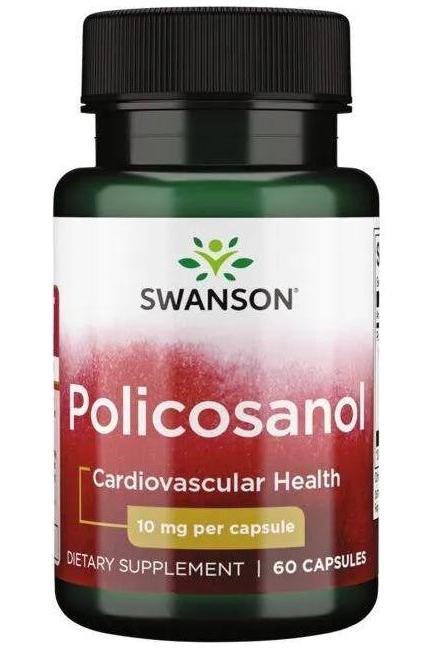 Swanson Policosanol dietary supplement bottle for cardiovascular health, 10 mg per capsule, 60 capsules.