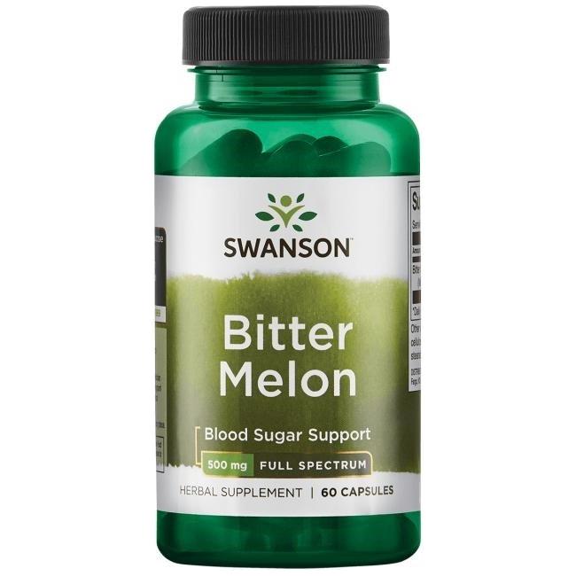 Swanson Bitter Melon supplement bottle, 500mg, 60 capsules for blood sugar support.