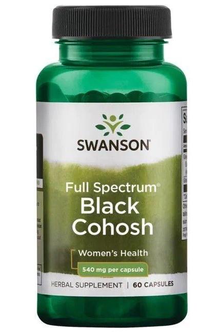 Swanson Black Cohosh 540mg supplement bottle for women's health, 60 capsules, promotes hormonal balance.