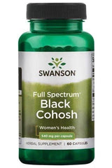 Swanson Black Cohosh 540mg supplement bottle for women's health, 60 capsules, promotes hormonal balance.