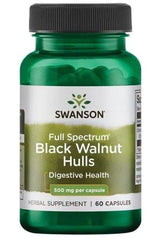 Swanson Black Walnut Hulls supplement bottle, 500mg per capsule, 60 capsules for digestive health.