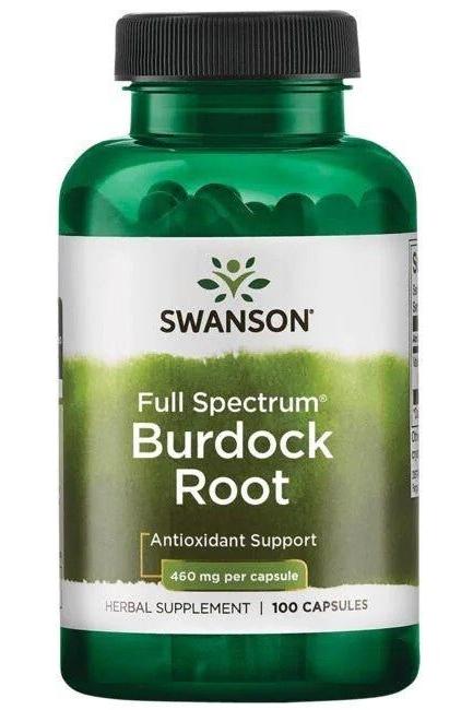 Swanson Burdock Root supplement bottle, 460 mg per capsule, 100 capsules for antioxidant support