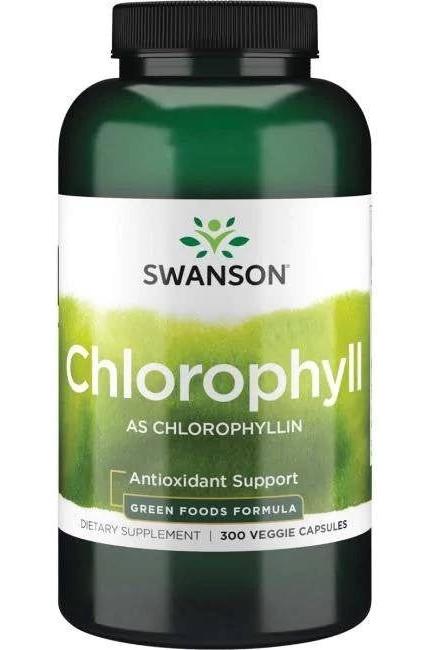 Swanson Chlorophyll dietary supplement bottle, containing 300 veggie capsules for antioxidant support.