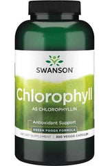 Swanson Chlorophyll dietary supplement bottle, containing 300 veggie capsules for antioxidant support.
