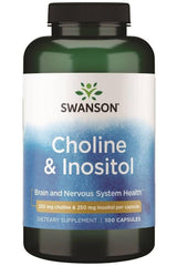 Swanson Choline & Inositol supplement bottle, promoting brain and nervous system health with 250 mg choline per capsule.