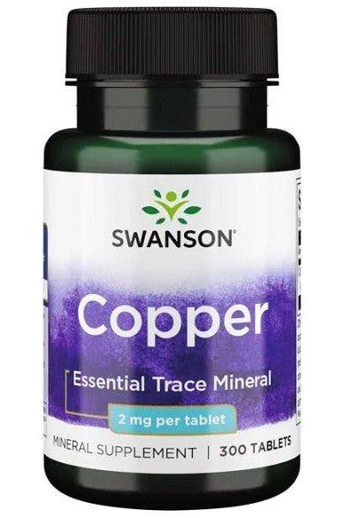 Swanson Copper supplement bottle, 300 tablets, 2 mg per tablet, essential trace mineral for optimal health.