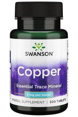 Swanson Copper supplement bottle, 300 tablets, 2 mg per tablet, essential trace mineral for optimal health.