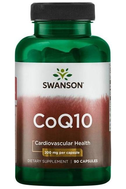 Swanson CoQ10 dietary supplement bottle, 200 mg per capsule, supports cardiovascular health, 90 capsules.