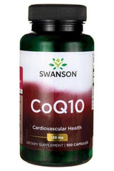 Swanson CoQ10 dietary supplement bottle for cardiovascular health, 120 mg, 100 capsules.