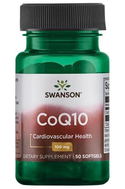 Swanson CoQ10 dietary supplement bottle for cardiovascular health, 100 mg, 50 softgels.