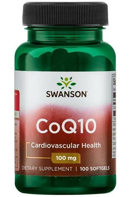 Swanson CoQ10 dietary supplement for cardiovascular health, 100 mg, 100 softgels in green bottle.