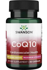 Swanson CoQ10 dietary supplement bottle supporting cardiovascular health with 200 mg per capsule, 30 capsules.