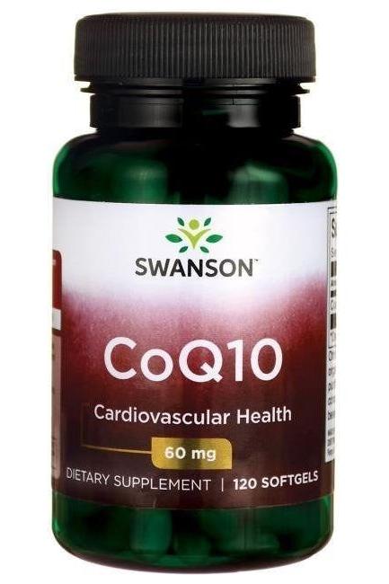 Swanson CoQ10 supplement bottle for cardiovascular health, 60 mg, 120 softgels.