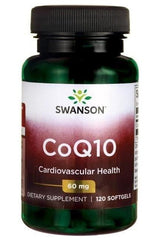 Swanson CoQ10 supplement bottle for cardiovascular health, 60 mg, 120 softgels.