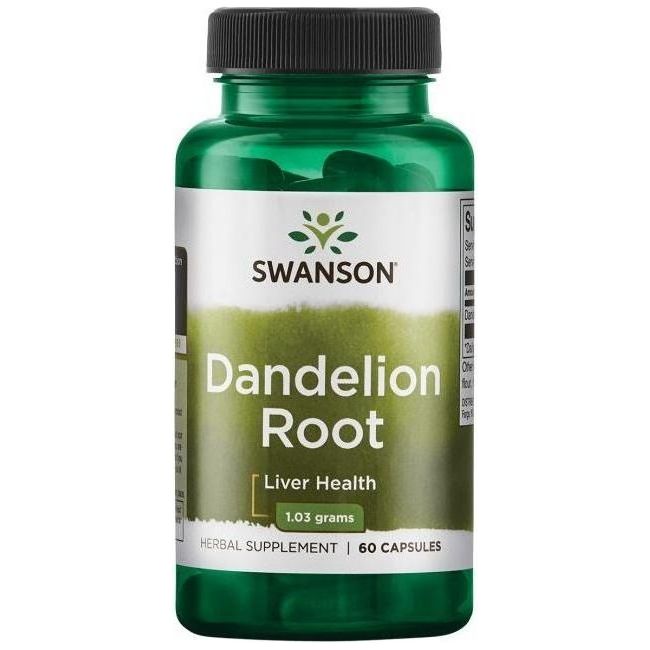 Swanson Dandelion Root supplement bottle, 515mg, 60 capsules for liver health support.