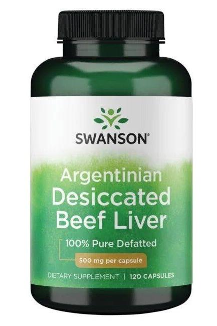 Swanson Argentinian Desiccated Beef Liver supplement, 500mg, 100% pure defatted, 120 capsules, green bottle.