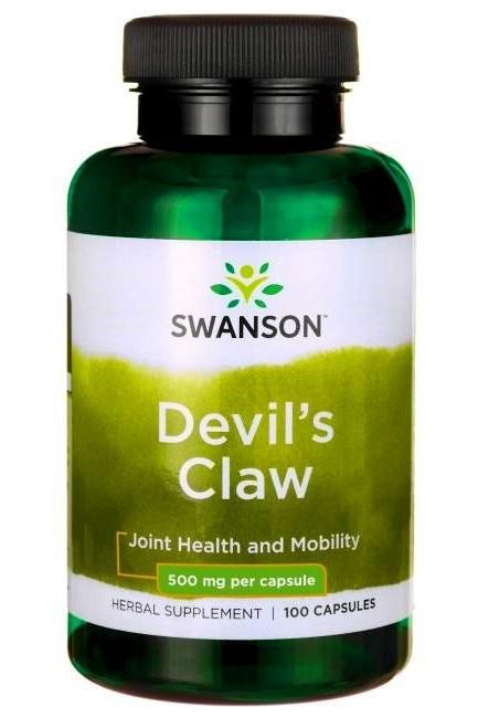 Swanson Devil's Claw supplement bottle, 500mg per capsule, 100 capsules for joint health and mobility.