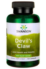 Swanson Devil's Claw supplement bottle, 500mg per capsule, 100 capsules for joint health and mobility.