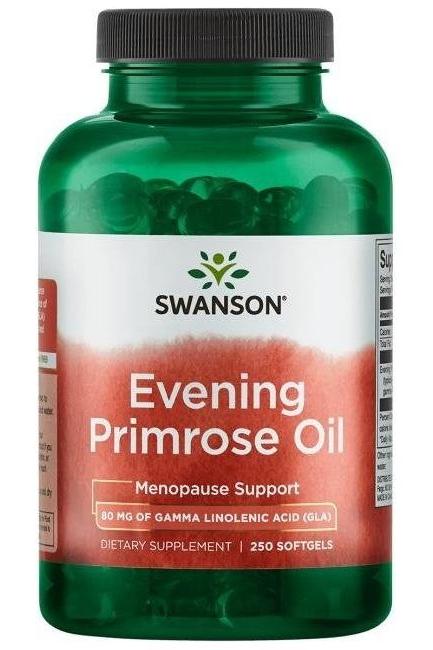 Swanson Evening Primrose Oil supplement bottle, supports skin health and hormonal balance, 250 softgels.