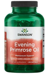 Swanson Evening Primrose Oil supplement bottle, supports skin health and hormonal balance, 250 softgels.