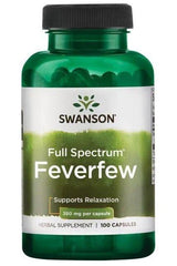 Swanson Feverfew herbal supplement bottle, 100 capsules, supports relaxation and migraine relief.