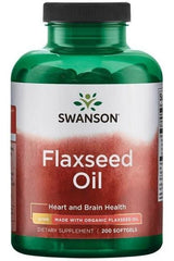 Swanson Flaxseed Oil bottle, 1000mg, 200 softgels for heart and brain health, made with organic ingredients.