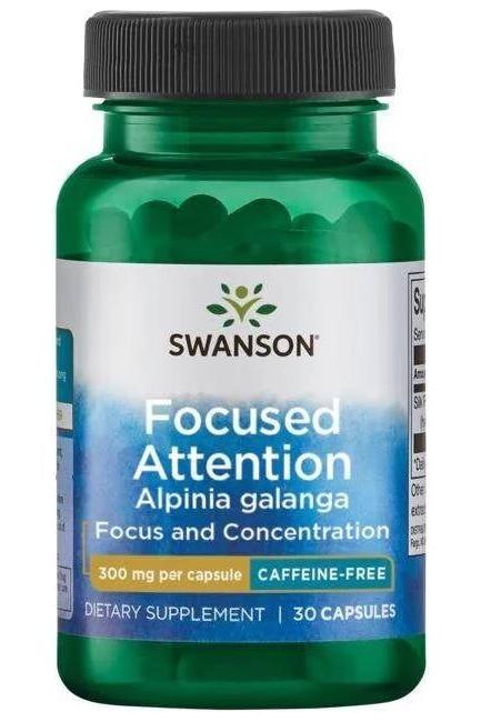 Swanson Focused Attention capsules with Alpinia galanga for enhanced focus and energy, 30 capsules, caffeine-free.