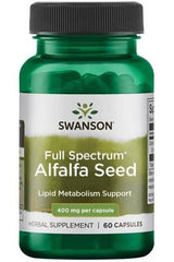 Swanson Full Spectrum Alfalfa Seed 400 mg herbal supplement bottle, 60 capsules for lipid metabolism support.