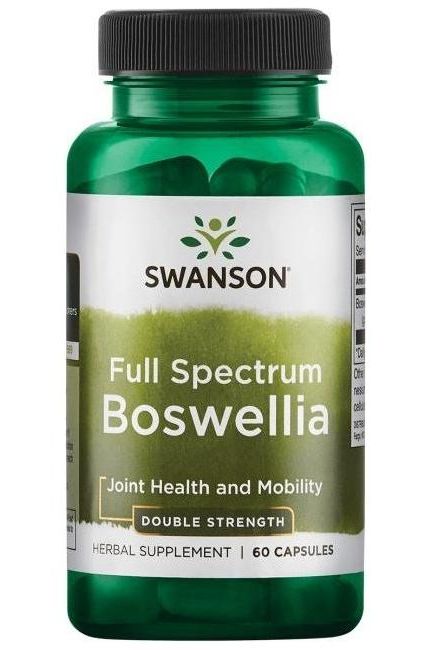 Swanson Full Spectrum Boswellia herbal supplement bottle showing 800mg double strength, 60 capsules for joint health.
