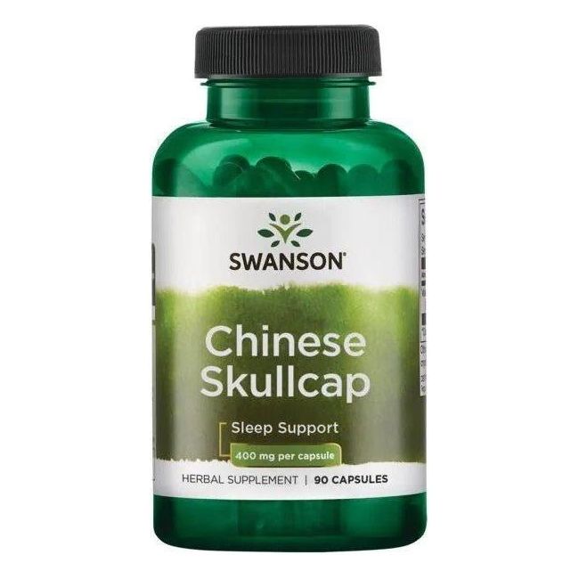 Swanson Chinese Skullcap supplement bottle, 400mg, 90 capsules for sleep support and relaxation.