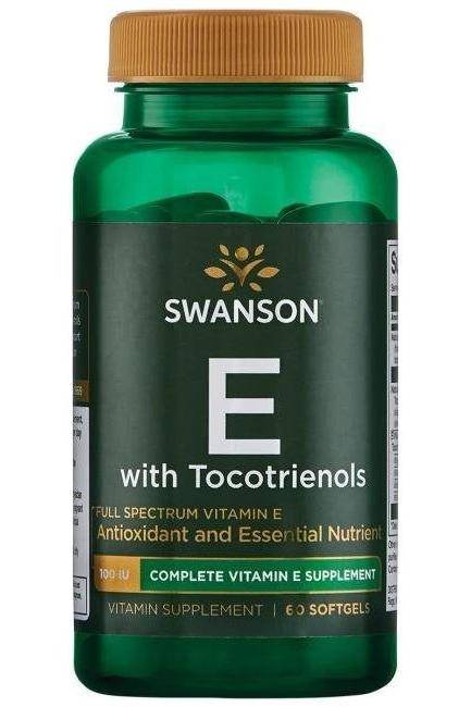 Swanson Full Spectrum E with Tocotrienols vitamin E supplement in green bottle, 60 softgels.