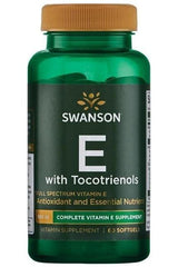 Swanson Full Spectrum E with Tocotrienols vitamin E supplement in green bottle, 60 softgels.