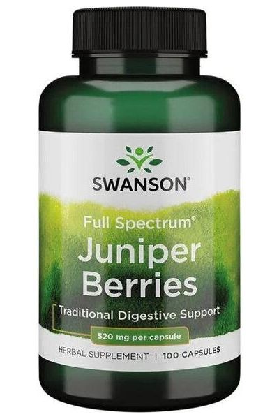 Swanson Full Spectrum Juniper Berries bottle, 520 mg, herbal supplement for digestive support.